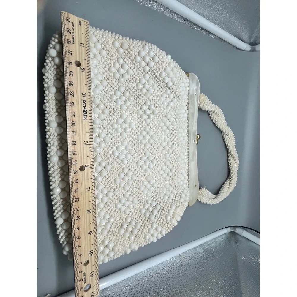 Vintage Beaded Off White Handbag‎ Hong Kong Pearlized Lucite Trim 1960s